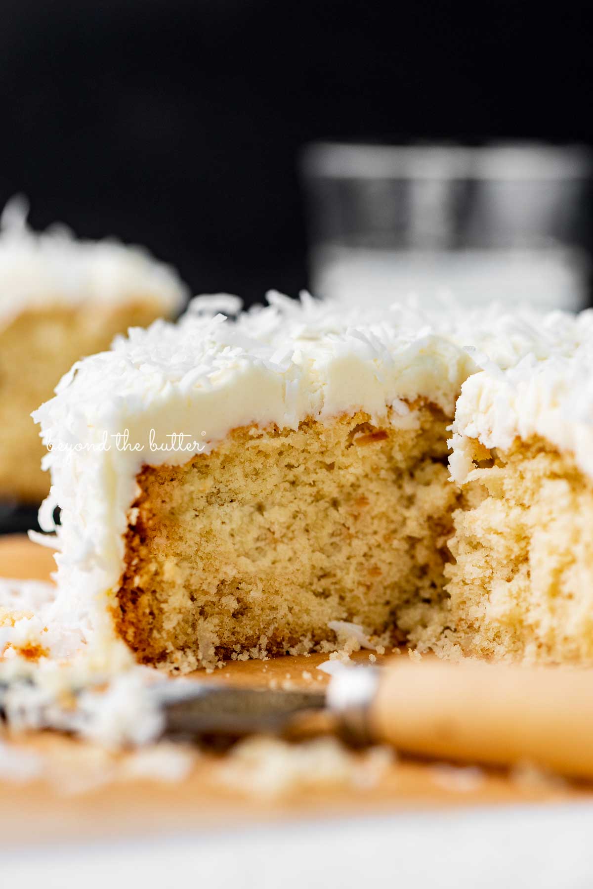 Sliced single layer coconut cake with black background | © Luyiz®