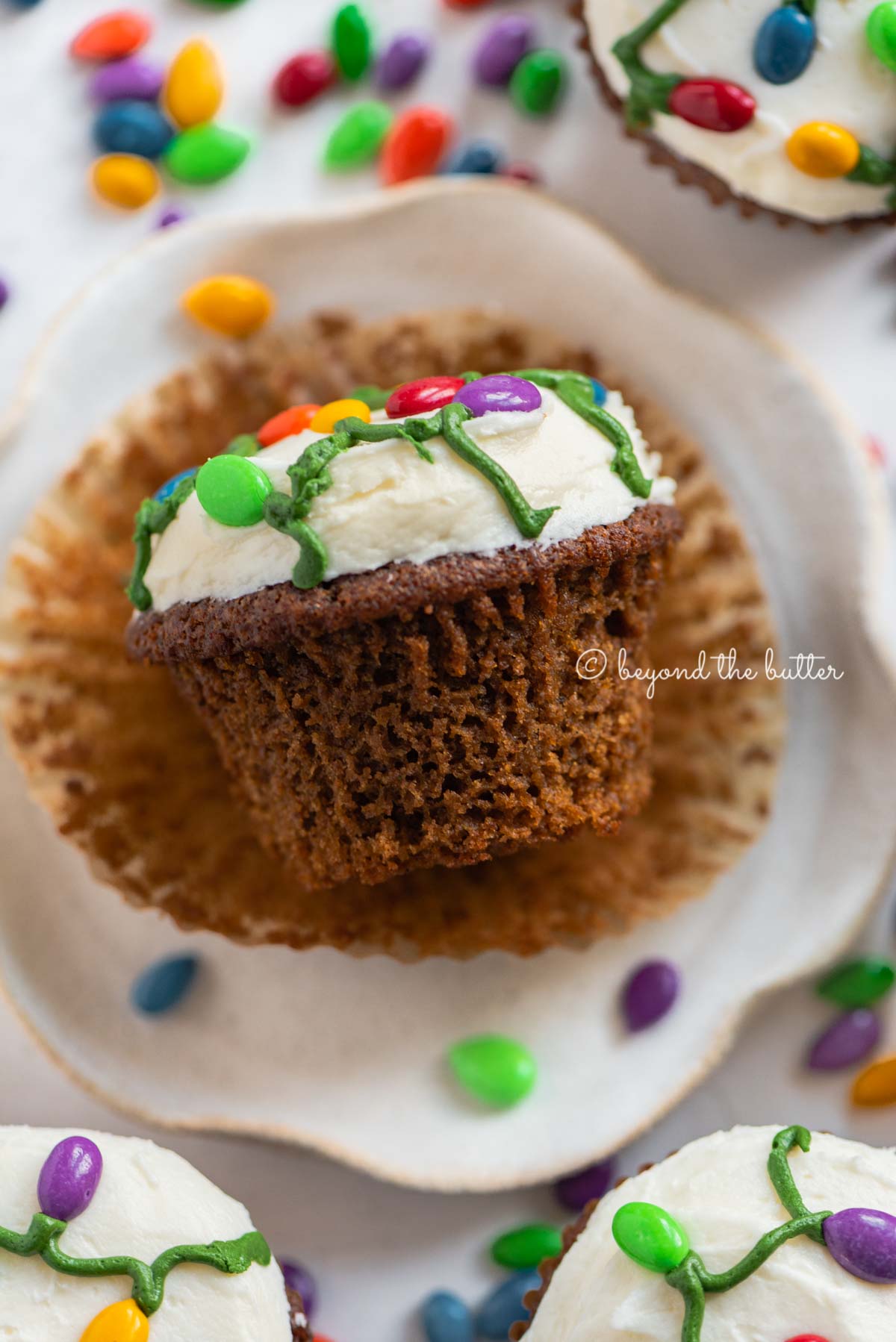 Liner removed gingerbread cupcake on a small dessert plate on a white, chocolate covered sunflower seed background | All Images © Luyiz®