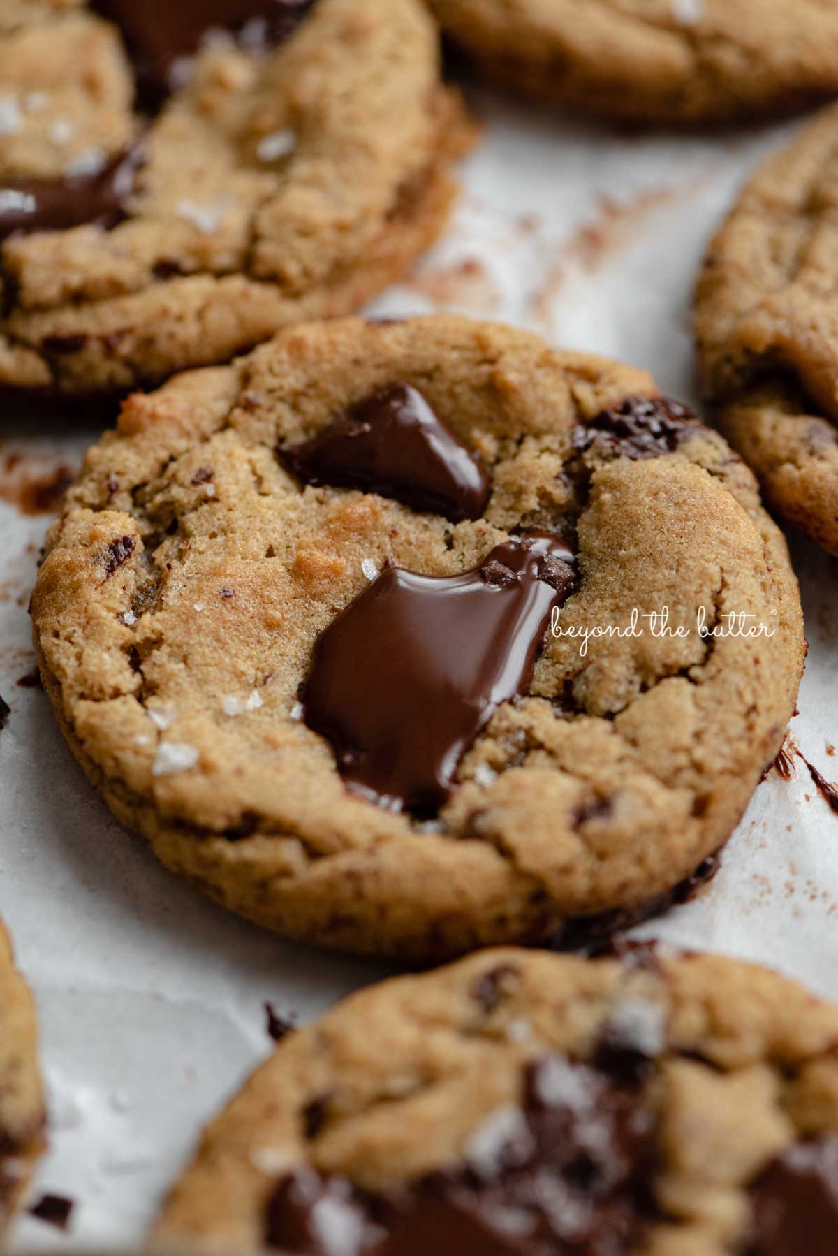 Small batch gluten-free peanut butter chocolate chunk cookies on a parchment paper lined baking sheet | © Luyiz®