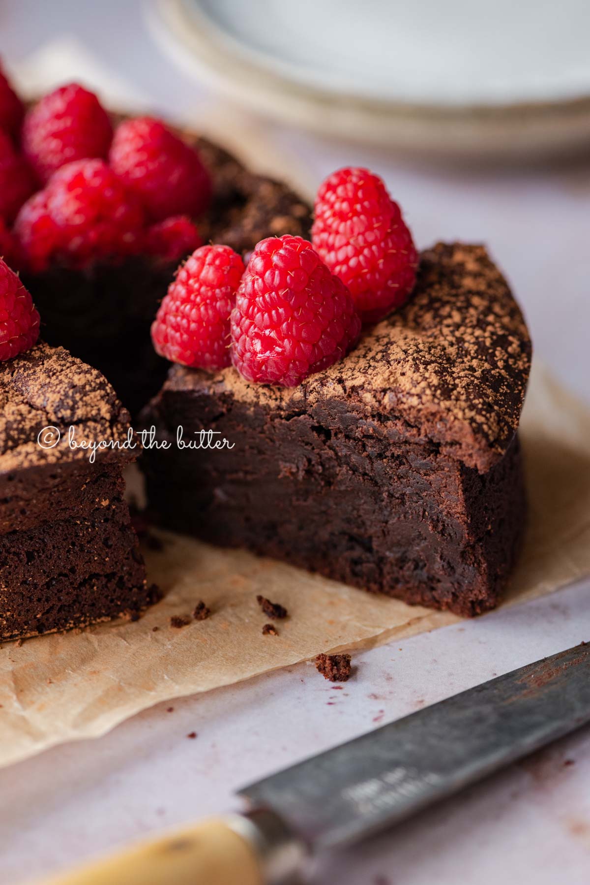 Sliced small flourless chocolate cake topped with cocoa powder and fresh raspberries on parchment paper | All images © Luyiz®