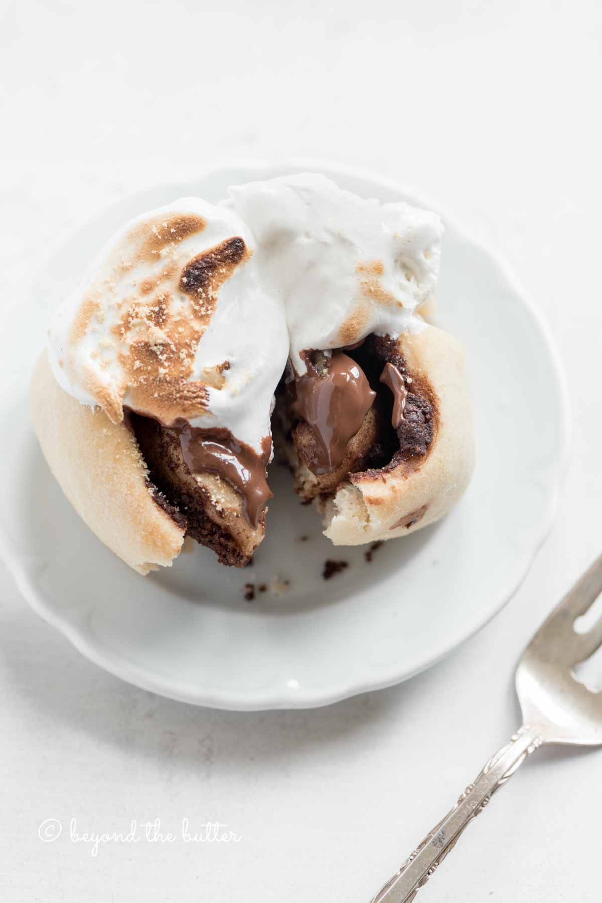 Small plate of pulled apart s'mores roll with silver fork to the side | All Images © Luyiz™
