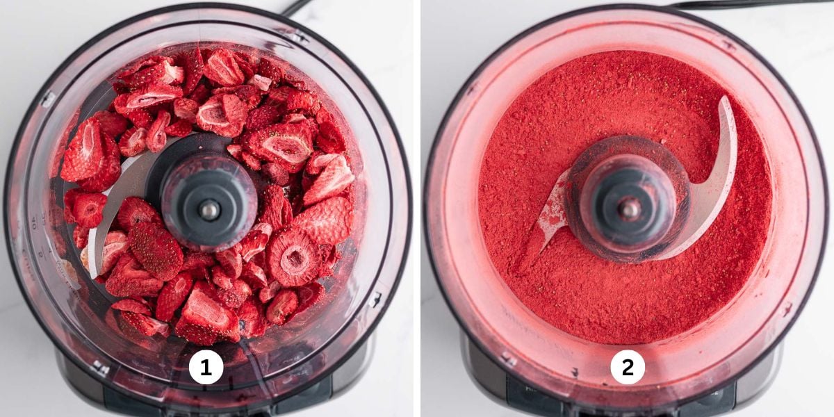 Processing freeze dried strawberries into a fine powder in a small food processor on a white background.