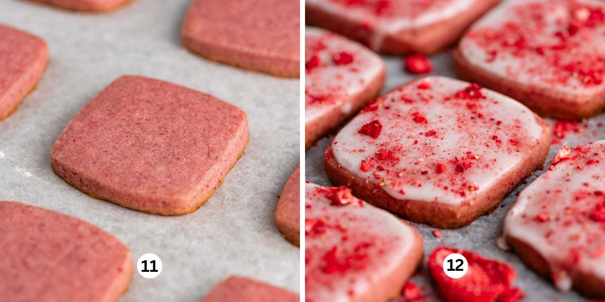 First image shows plain strawberry shortbread cookies on a parchment paper lined baking sheet. Second image shows the same cookies topped with powdered sugar glaze and bits of freeze dried strawberries.