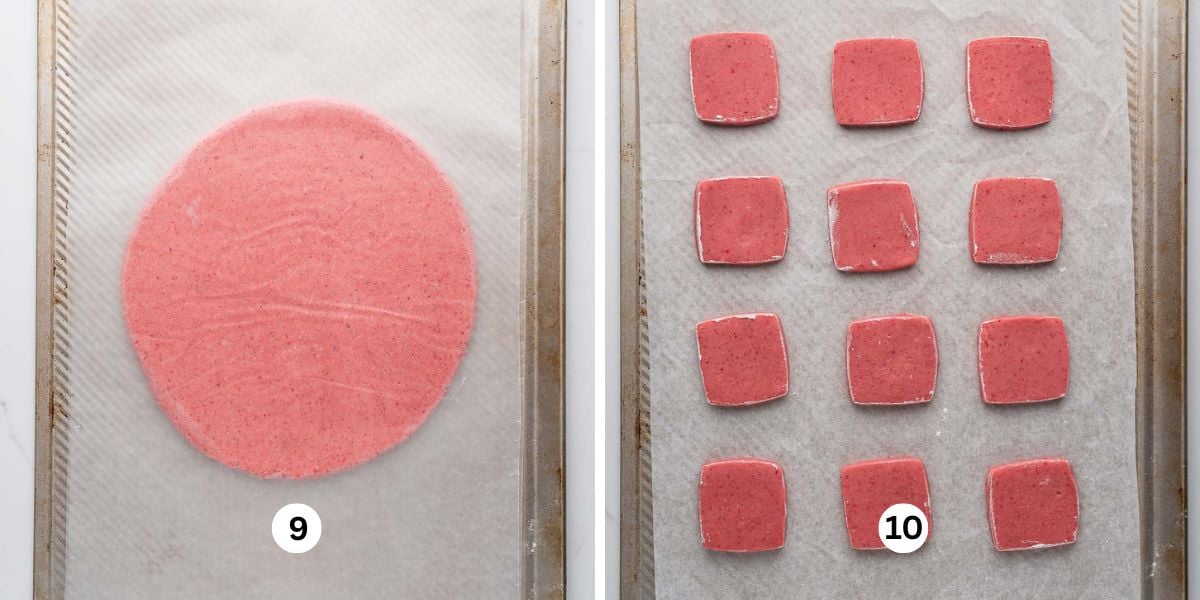 First image shows rolled out strawberry shortbread cookie dough between two sheets of wax paper on a baking sheet. Second image shows cut out square cookies on a parchment paper lined baking sheet.