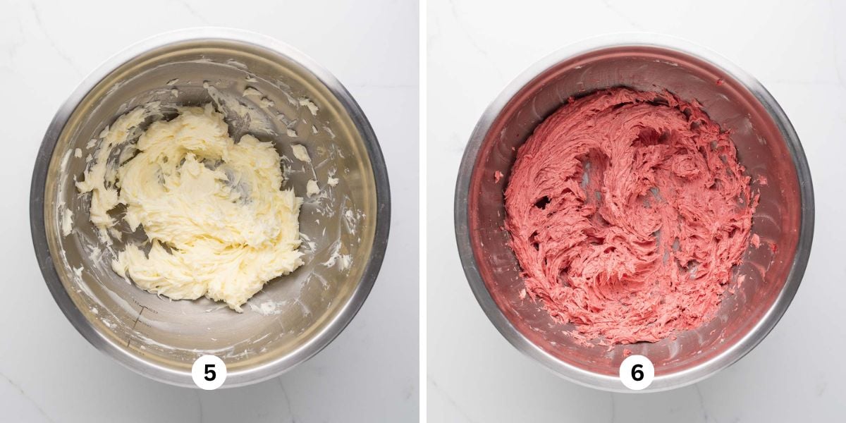 First image shows beaten butter and powdered sugar together in a stainless steel mixing bowl. Second image shows the mixture with freeze dried strawberry powder and vanilla extract mixed in.