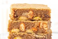 Chewy Peanut Butter Blondies with Salted Caramel Drizzle