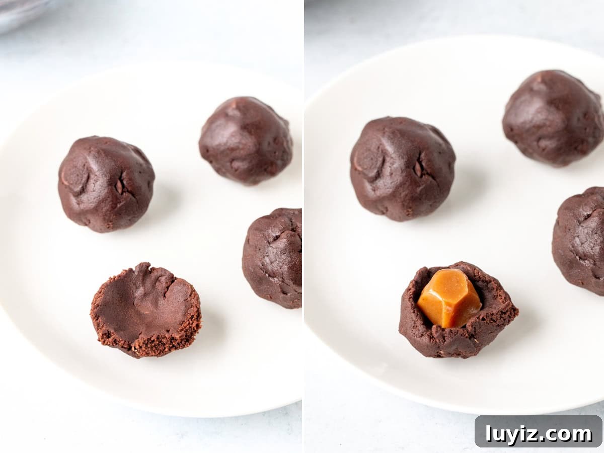 Decadent Dark Chocolate Caramel Cookies — Chewy, Gooey Treats 3 Two photos, showing how to make caramel stuffed cookies