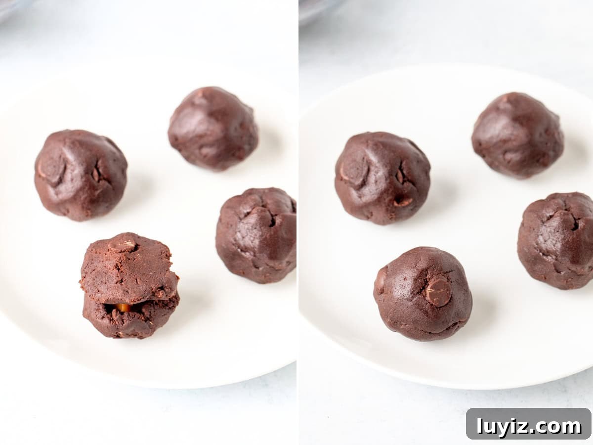 Decadent Dark Chocolate Caramel Cookies — Chewy, Gooey Treats 4 Making caramel stuffed chocolate cookies
