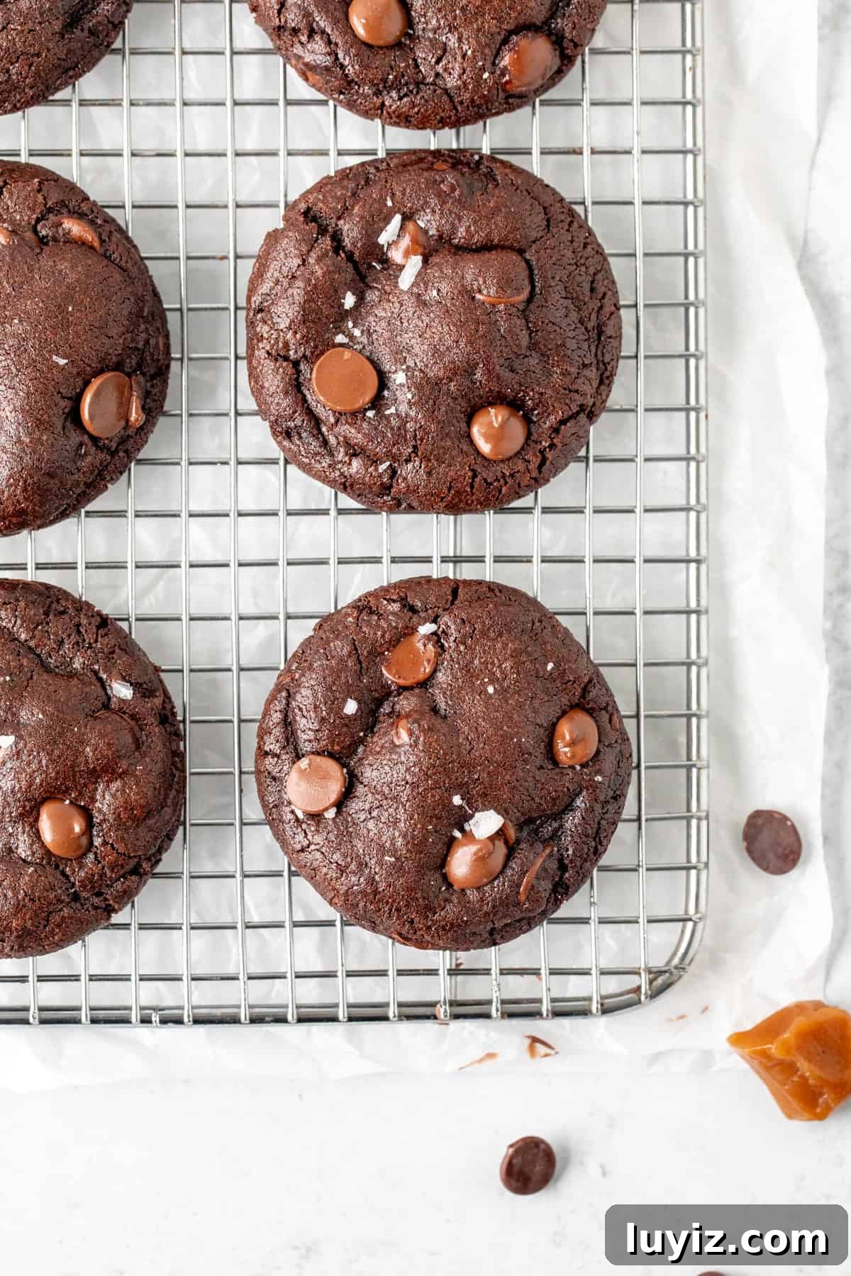 Decadent Dark Chocolate Caramel Cookies — Chewy, Gooey Treats 5 Dark chocolate caramel cookies sprinkled with sea salt flakes on a cooling rack