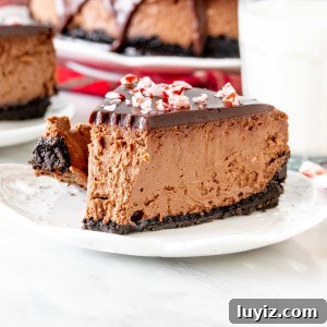 Piece of chocolate candy cane cheesecake with glass of milk
