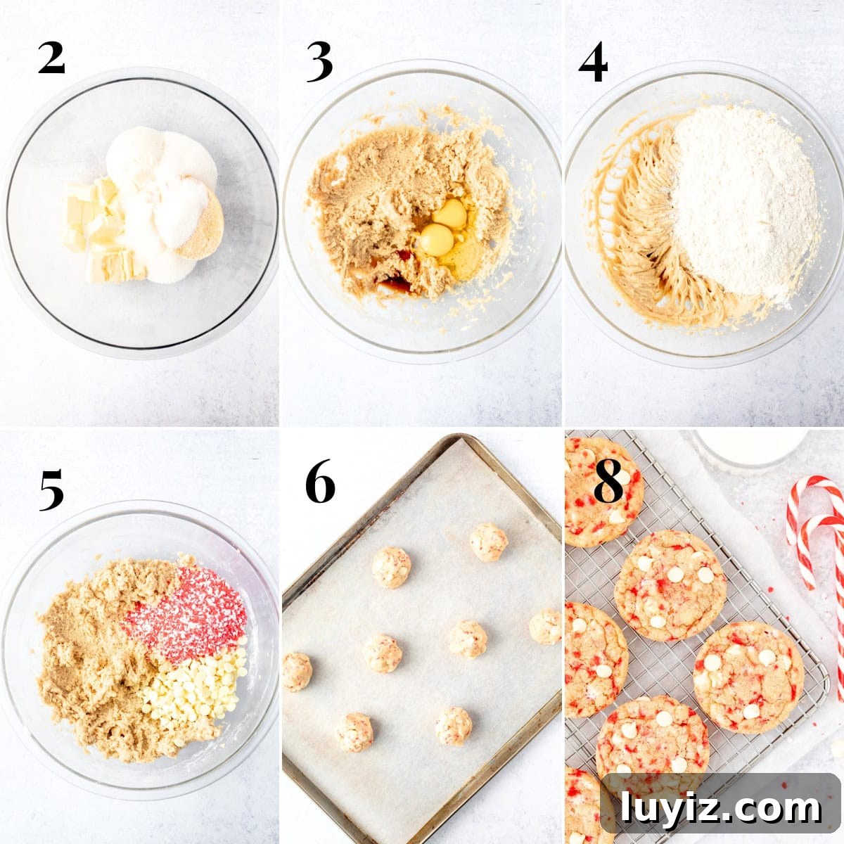 White Chocolate Candy Cane Cookies Recipe for Holiday Baking 5 Collage of photos of how to make white chocolate candy cane cookies