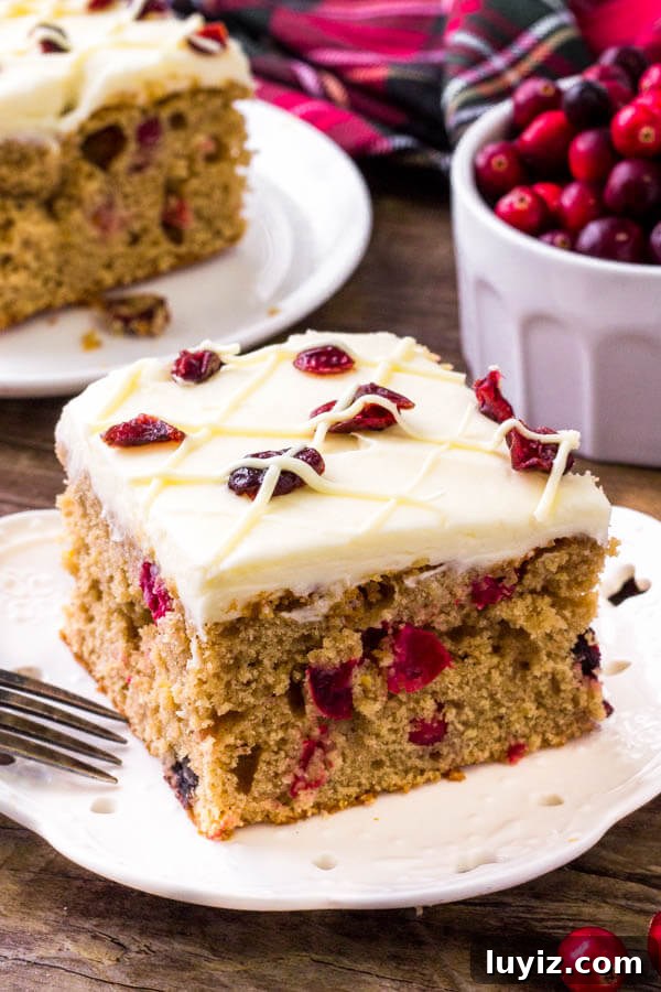 Festive Cranberry Christmas Cake Recipe for Holiday Parties 2 Cranberry Christmas Cake is the perfect holiday dessert. It's extra moist and super flavorful thanks to brown sugar, cinnamon, a hint of orange zest, and fresh cranberries. Topped with white chocolate cream cheese frosting.
