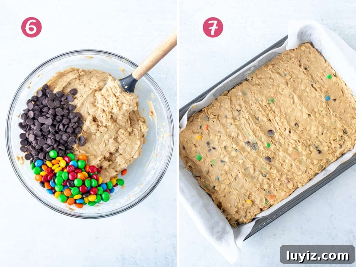 Chewy Monster Cookie Bars Recipe with M&Ms and Oats 6 Bowl of monster cookie dough after chocolate chips and M&Ms are added and pan of unbaked monster cookie dough bars