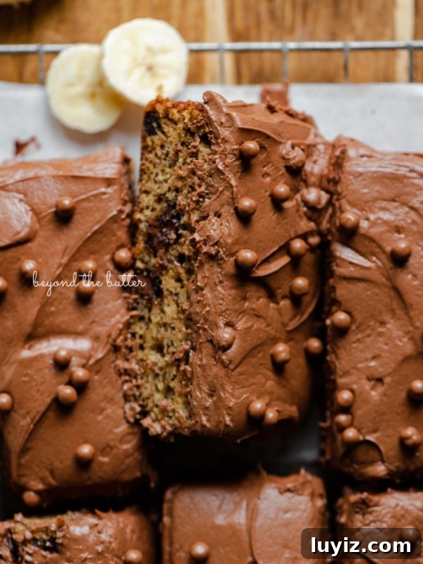 Brown Butter Chocolate Chip Skillet Cookie Recipe 7 Slices of banana chocolate chip snack cake with chocolate cream cheese frosting on parchment paper lined cooling rack with banana slices.