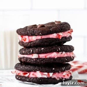 Chocolate Peppermint Sandwich Cookies Recipe 5 Stack of three chocolate peppermint sandwich cookies
