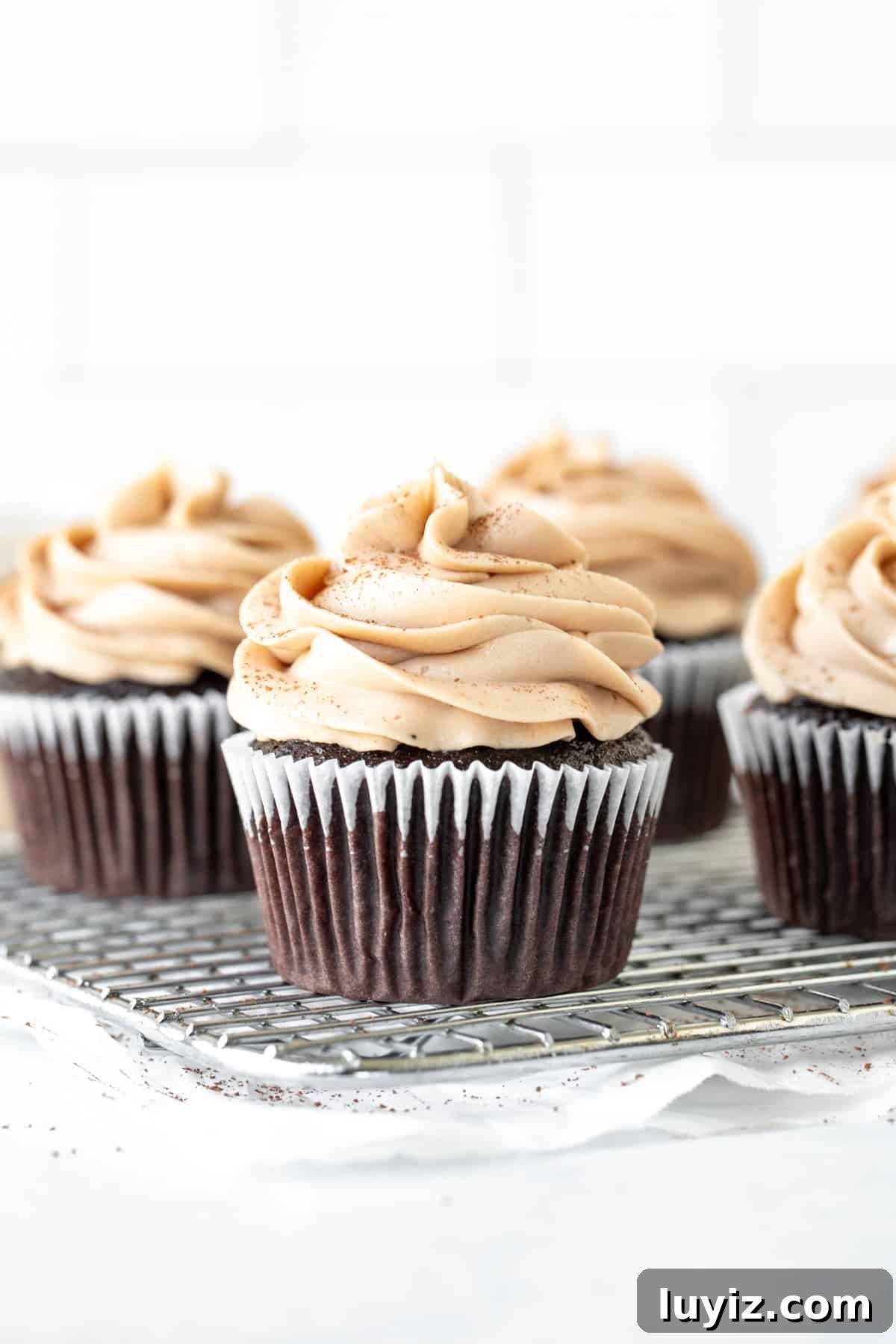 Baileys Irish Cream Cupcakes with Chocolate Ganache 3 Chocolate cupcakes with Irish cream frosting on cooling rack