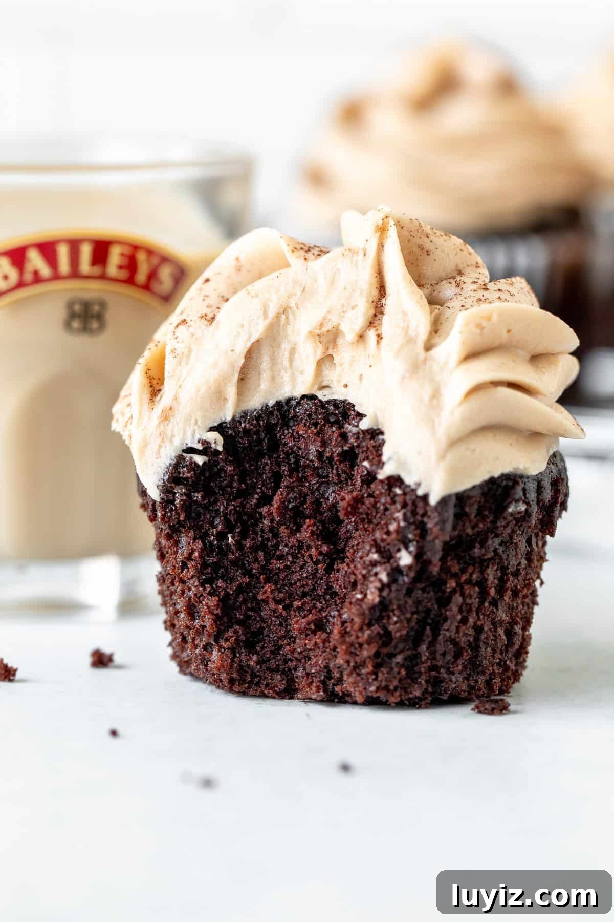 Baileys Irish Cream Cupcakes with Chocolate Ganache 4 Irish cream cupcake with a bite taken out