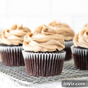 Baileys Irish Cream Cupcakes with Chocolate Ganache 5 Baileys chocolate cupcakes on a cooling rack