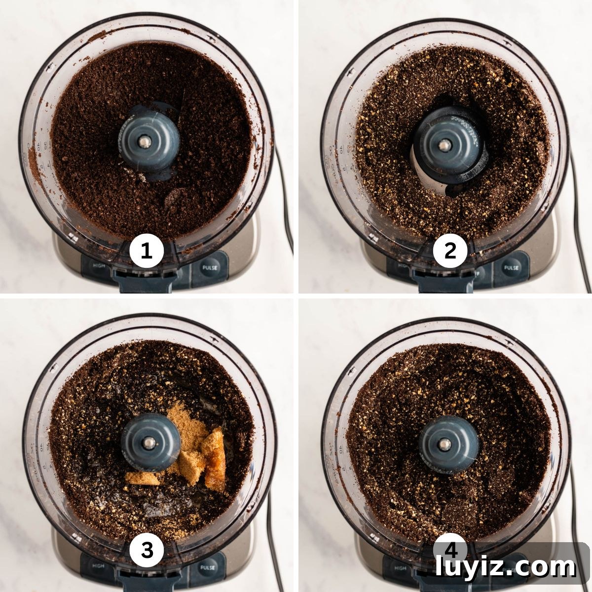 Reese’s Peanut Butter Cup Cheesecake Recipe: Decadent No-Bake Dessert 5 Four overhead images of food processor showing the steps of how to make an oreo cookie crust.