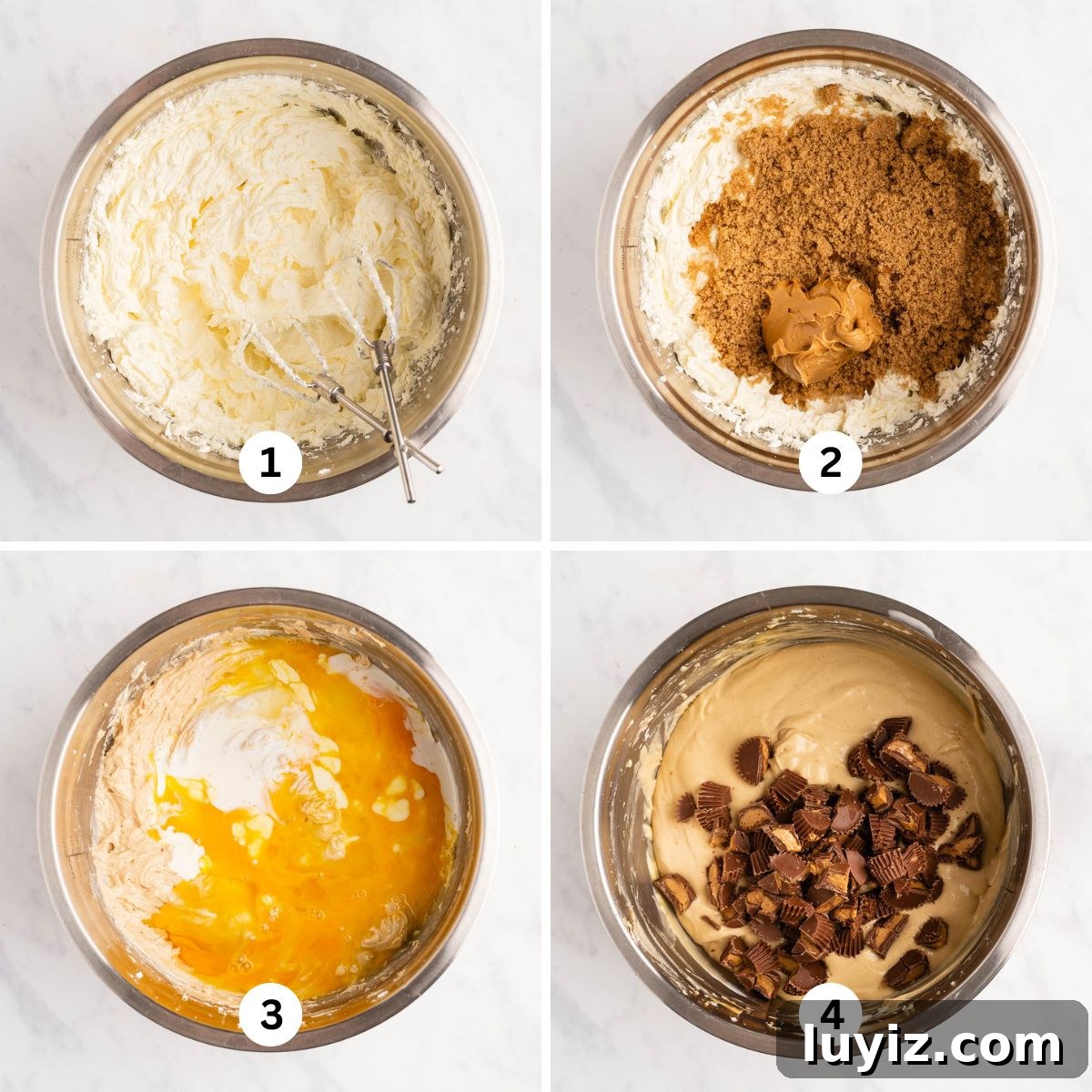 Reese’s Peanut Butter Cup Cheesecake Recipe: Decadent No-Bake Dessert 6 Four overhead images showing the steps of how to make Reese's peanut butter cup cheesecake.