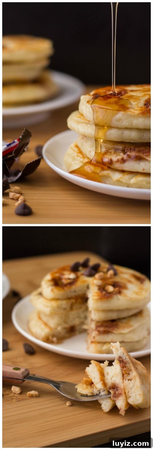 Snickers-Inspired Pancakes with Caramel, Peanut & Chocolate Swirl 3 Super fluffy, diner-style pancakes filled with Snickers bars. Because clearly - you can't go wrong with pancakes and your favorite candy bar.