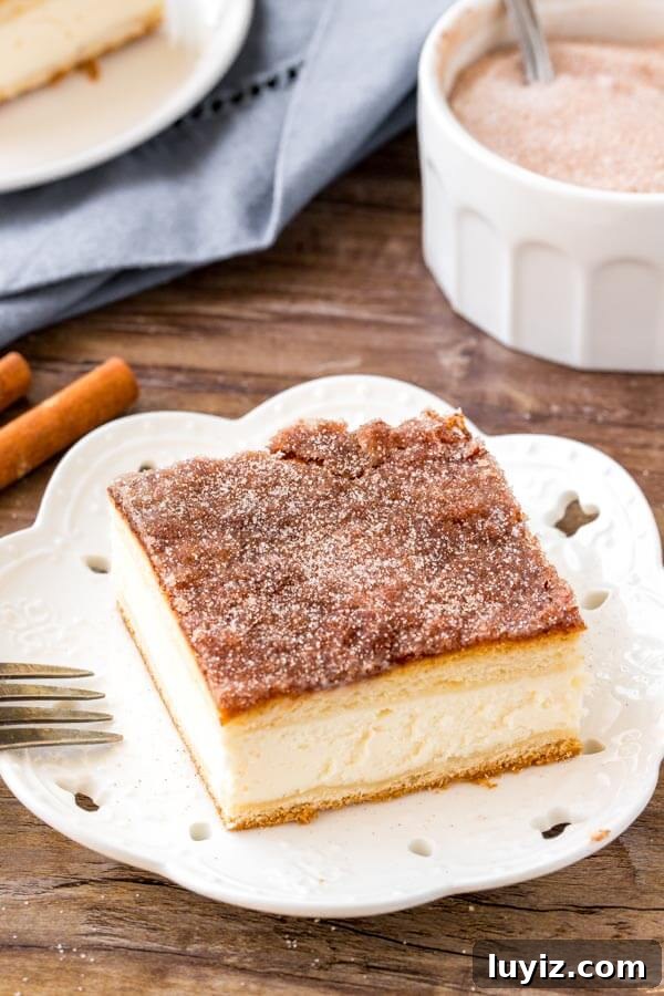 Sopapilla cheesecake recipe - cheesecake between 2 layers of crescent rolls & topped with cinnamon sugar.