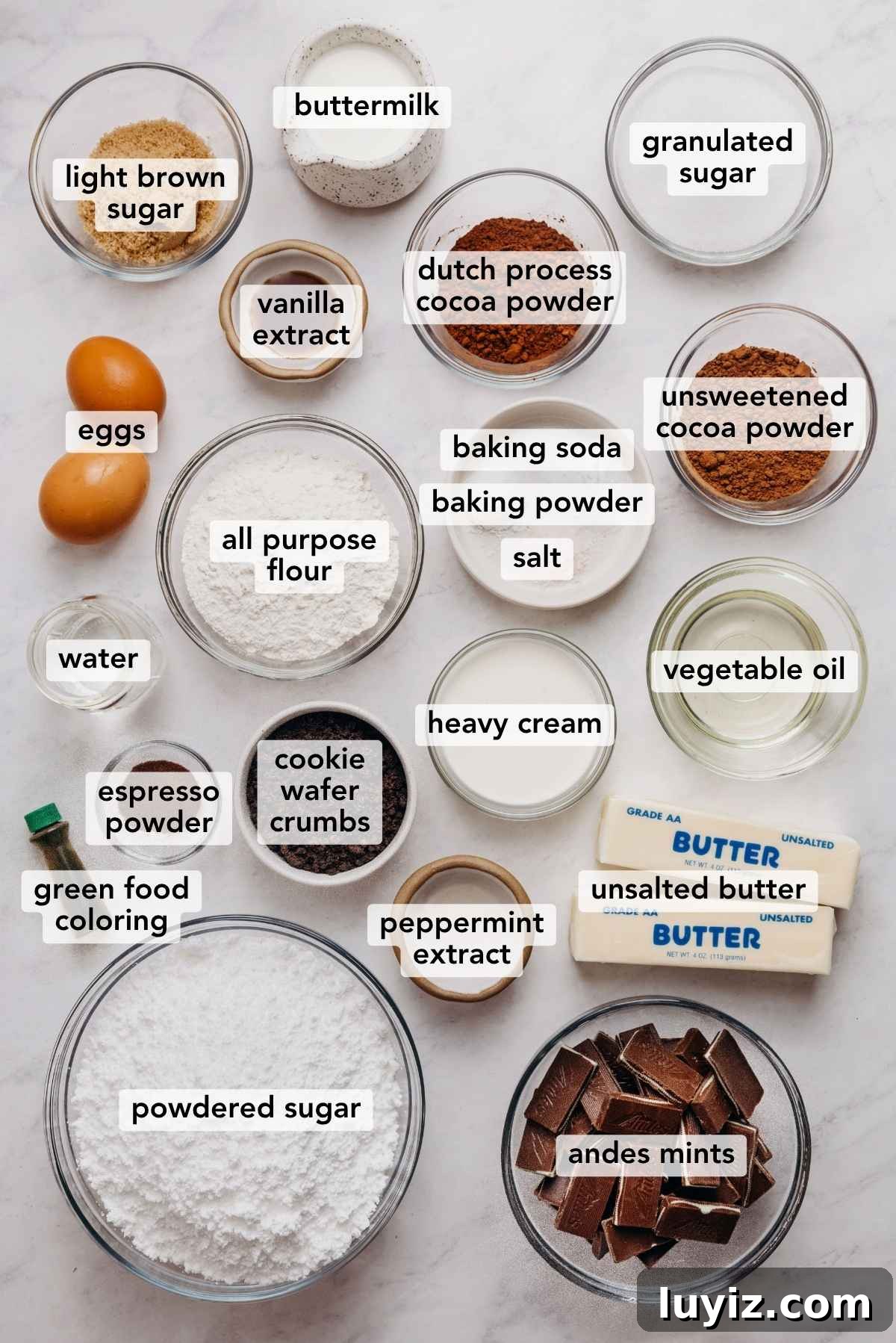 Mint Chocolate Cupcake Recipe: Moist Chocolate Cakes with Minty Frosting 5 Ingredients in various size bowls labeled as light brown sugar, buttermilk, dutch process cocoa powder, unsweetened cocoa powder, granulated sugar, eggs, vanilla extract, baking soda, baking powder, salt, all purpose flour, water, heavy cream, vegetable oil, espresso powder, chocolate wafer crumbs, peppermint extract, green food coloring, unsalted butter, powdered sugar, and andes mints on a white marbled background.