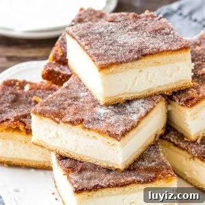 Sopapilla Cheesecake Bars Recipe — Flaky Cinnamon Sugar Bars 6 These sopapilla cheesecake bars have a thick layer of creamy cheesecake between 2 sheets of flaky pastry. Then they're topped with buttery cinnamon sugar. This version of sopapilla is made with only 8 ingredients - so it's quick, easy & oh so delicious.