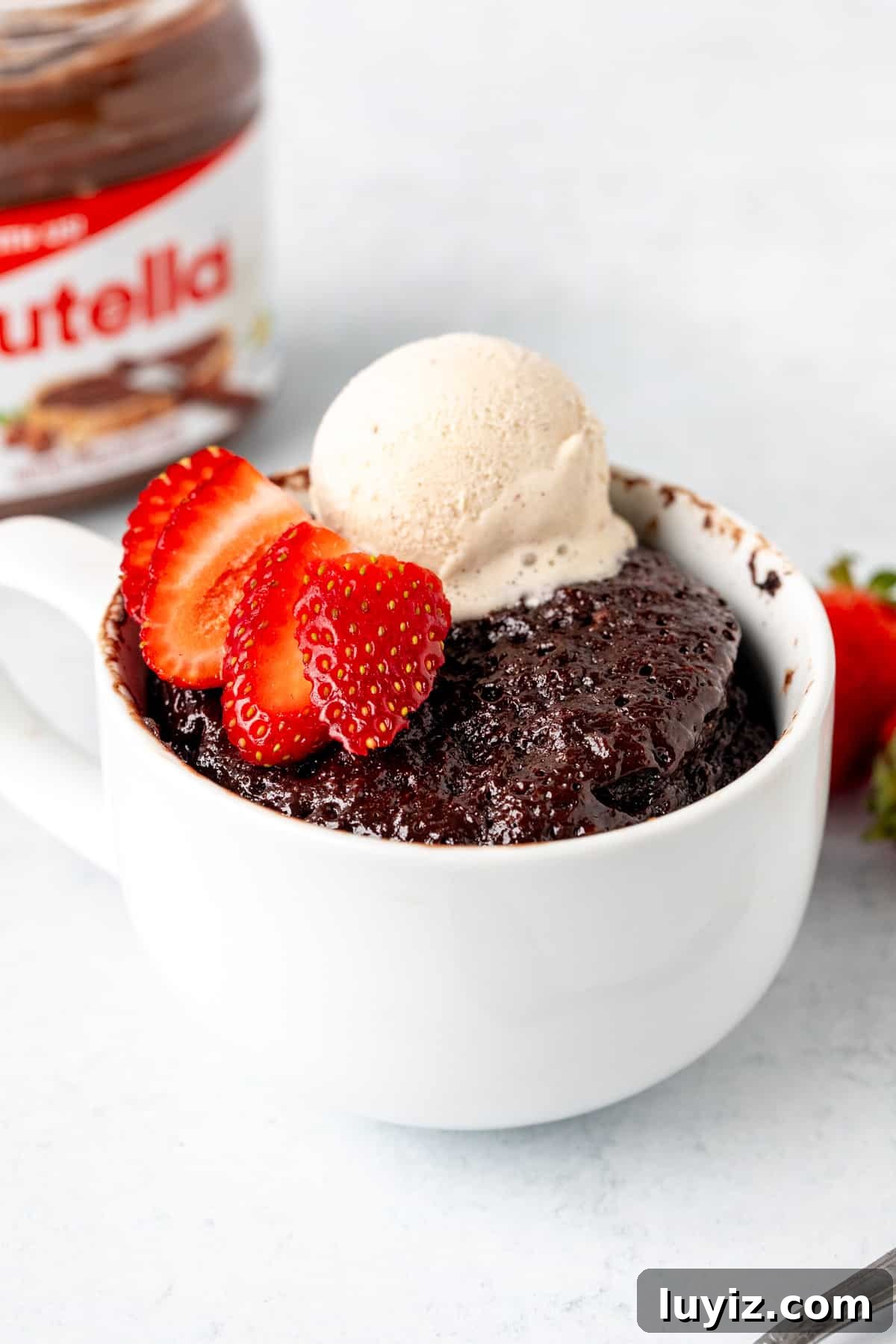 Quick Nutella Mug Cake Recipe Ready in Minutes 3 Nutella mug cake topped with a scoop of ice cream and strawberry slices