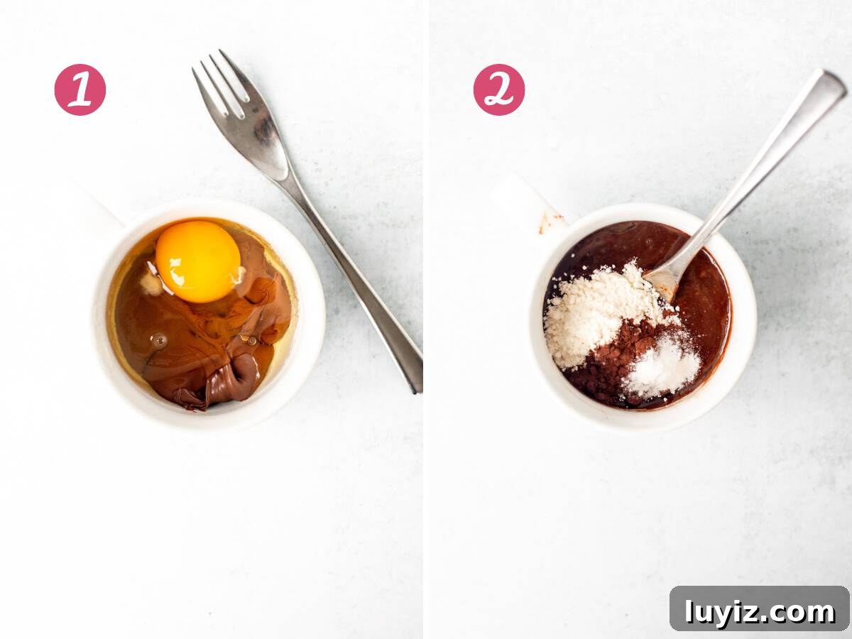 Quick Nutella Mug Cake Recipe Ready in Minutes 4 Mug with Nutella and an egg, and mug with Nutella and egg whisked together with flour, cocoa and baking powder added