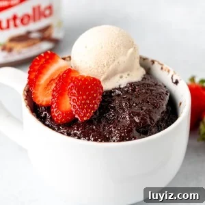 Quick Nutella Mug Cake Recipe Ready in Minutes 7 Nutella mug cake topped with a scoop of ice cream and strawberry slices
