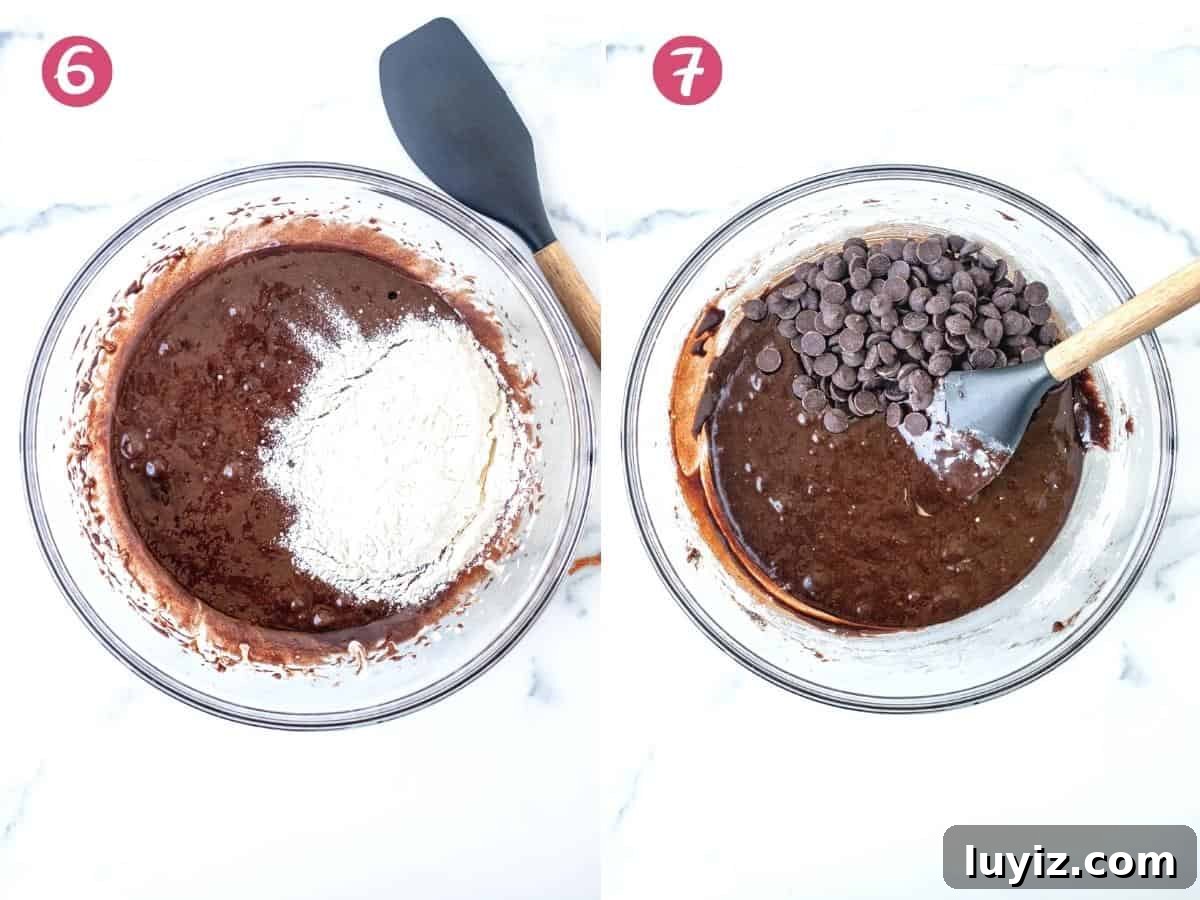 Chewy Fudgy Homemade Brownies Made with Cocoa 7 Bowl of chocolate batter with flour, and bowl of brownie batter with chocolate chips
