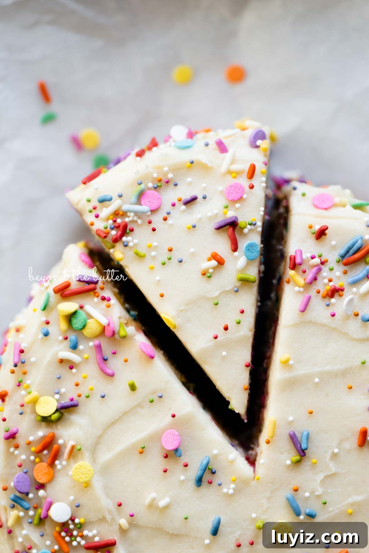 Single-Layer Funfetti Cake Recipe: Quick Party Dessert 2 Cut slice of single layer funfetti cake partially removed from rest of the cake | All images © Beyond the Butter®