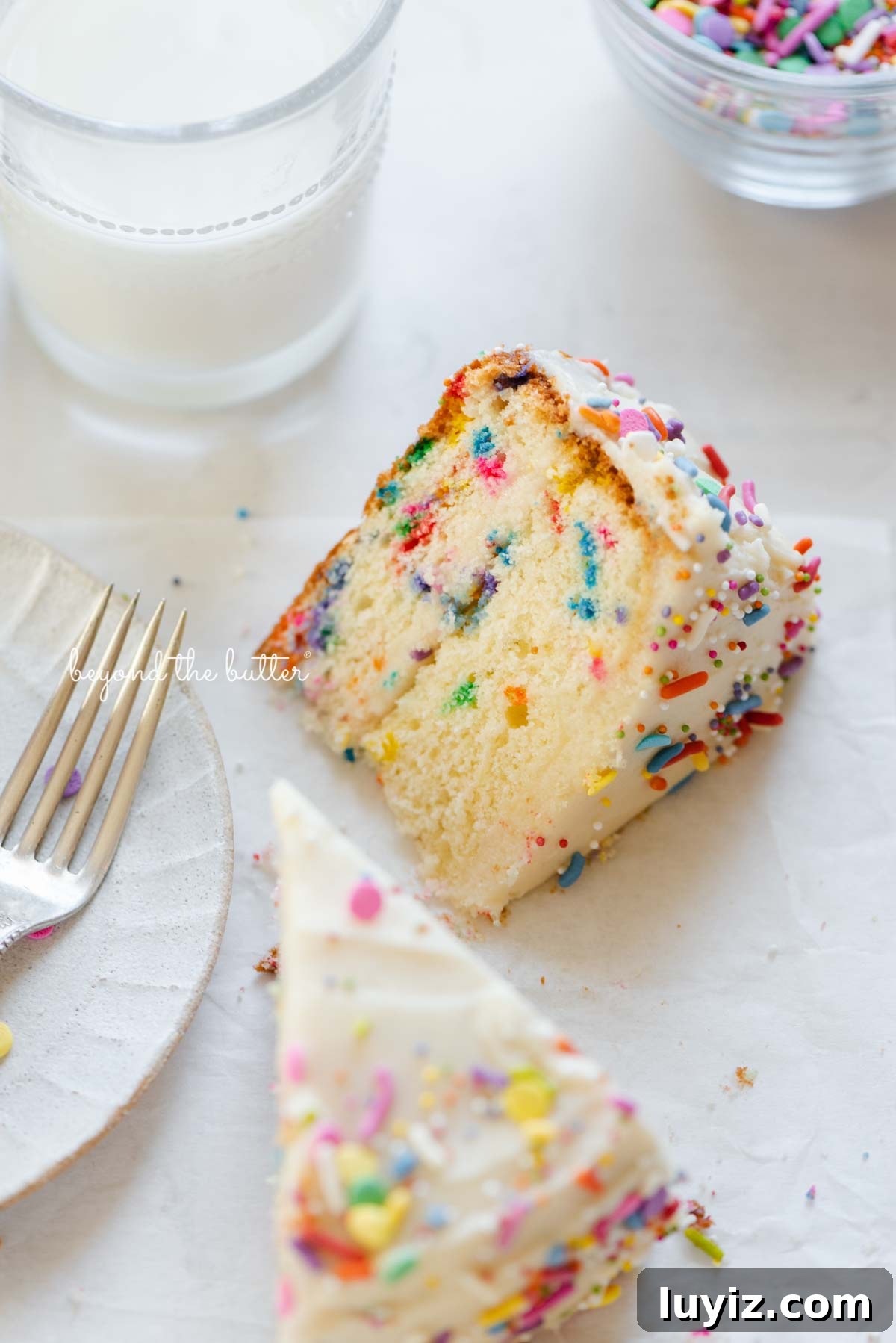 Single-Layer Funfetti Cake Recipe: Quick Party Dessert 12 Slices of single layer funfetti cake on their side with a dessert plate, small fork, and glass of milk nearby from BeyondtheButter.com | All images © Beyond the Butter®