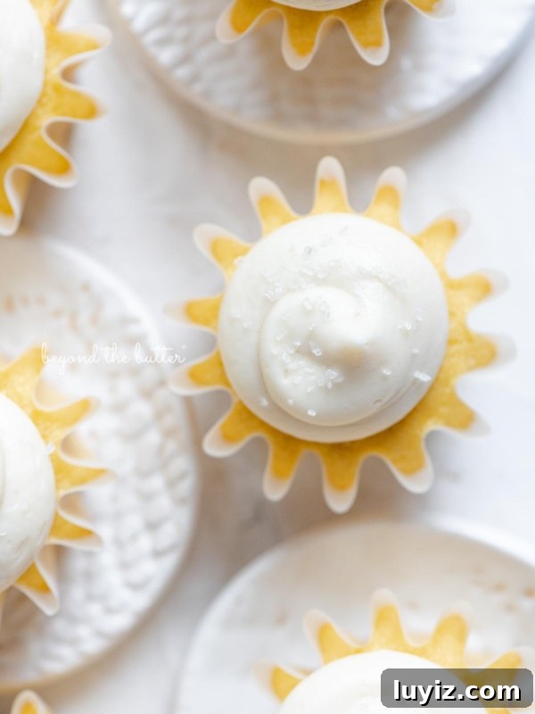 Single-Layer Funfetti Cake Recipe: Quick Party Dessert 13 Overhead image of vanilla cupcakes with vanilla buttercream frosting sprinkled with sparkling sugar grouped close together on white background and small ceramic plates.