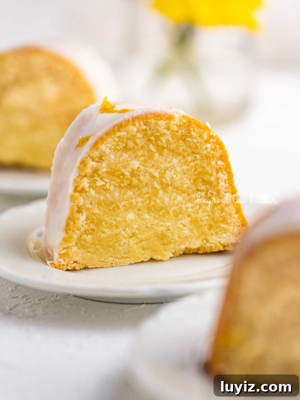 Single-Layer Funfetti Cake Recipe: Quick Party Dessert 16 Small lemon cream cheese pound cake slice on a small dessert plate on white background.