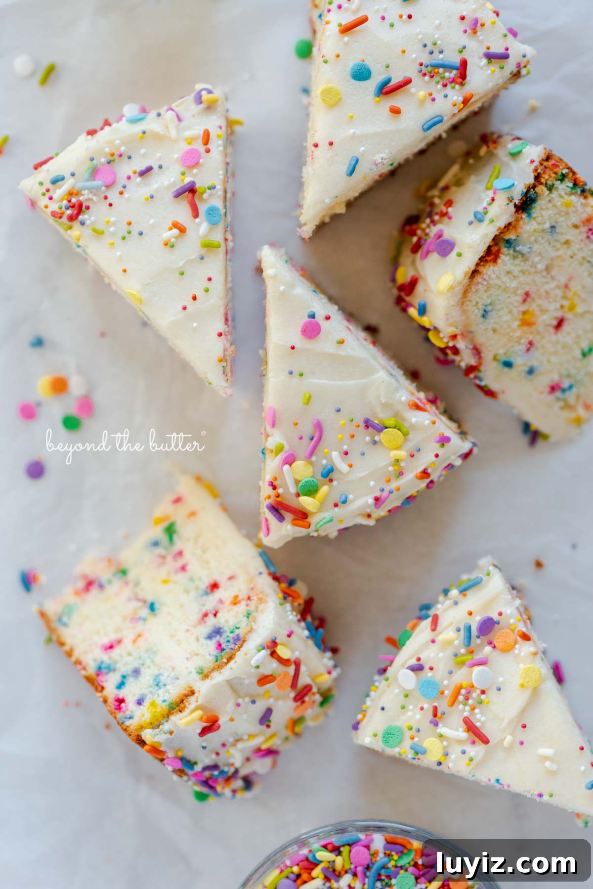 Single-Layer Funfetti Cake Recipe: Quick Party Dessert 3 Slices of single layer funfetti cake from BeyondtheButter.com | All images © Beyond the Butter®