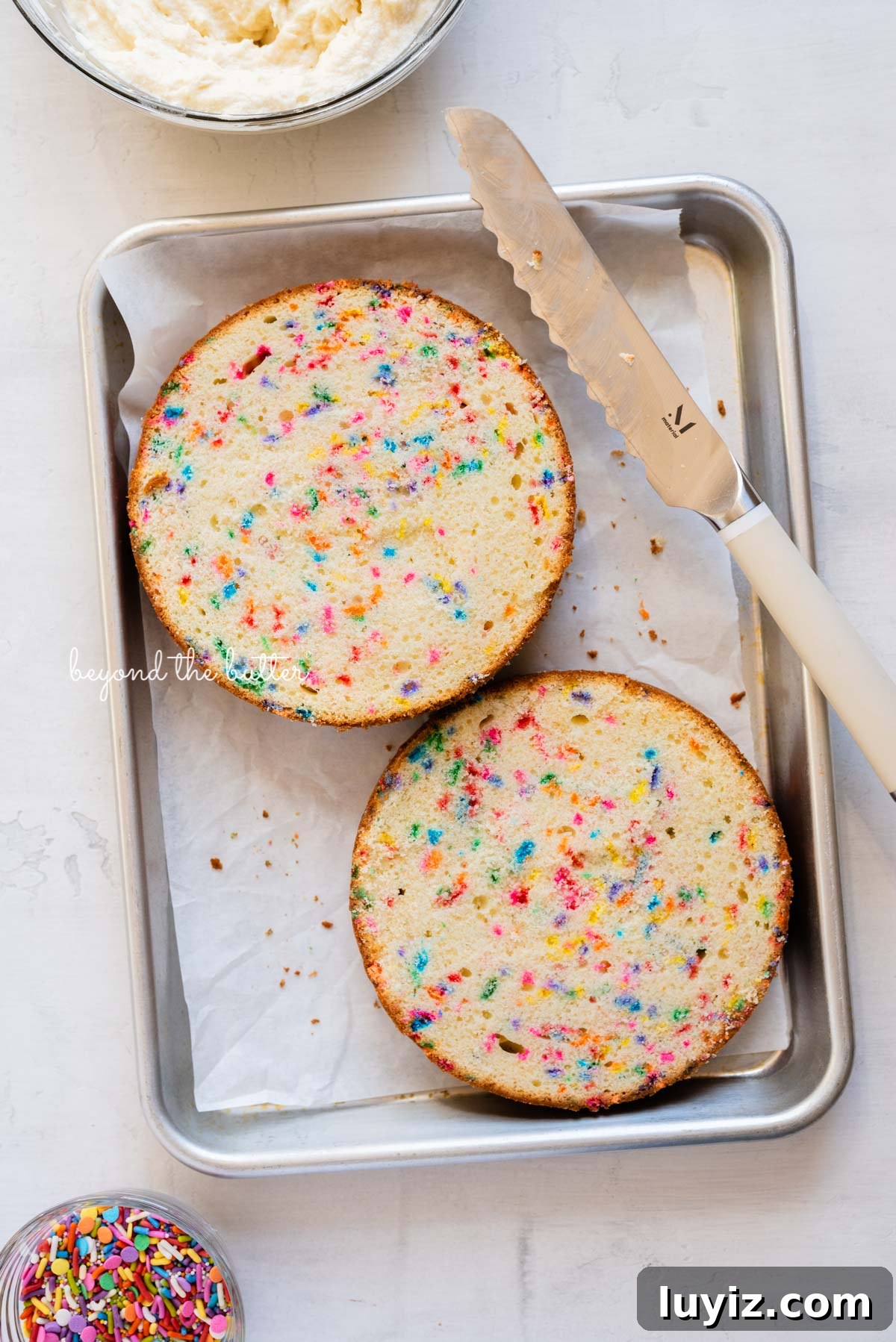 Single-Layer Funfetti Cake Recipe: Quick Party Dessert 6 6 inch single layer funfetti cake sliced into two layers with a serrated knife from BeyondtheButter.com | All images © Beyond the Butter®