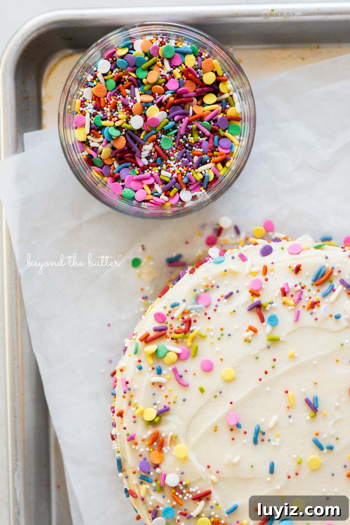Single-Layer Funfetti Cake Recipe: Quick Party Dessert 9 Close up image of rainbow jimmies and single layer funfetti cake on a parchment paper lined baking sheet from BeyondtheButter.com | All images © Beyond the Butter®