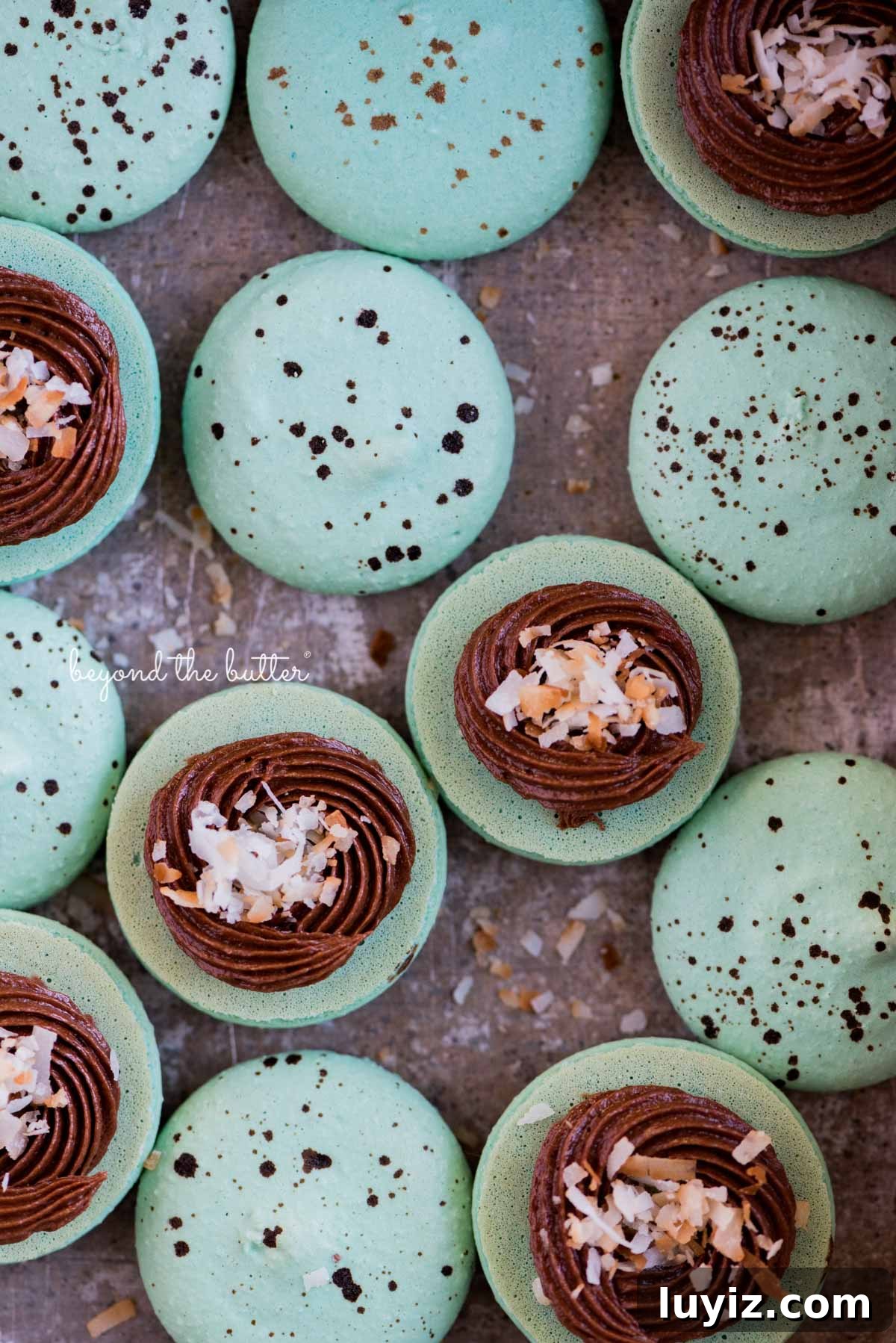 Robin’s Egg Macarons Recipe: How to Make Delicate Blue Pastries 2 Robin's egg macarons opened and half filled with milk chocolate frosting and toasted coconut flakes in a vintage bake pan | All images © Beyond the Butter®