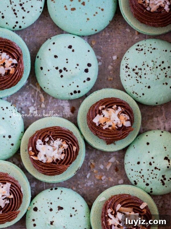 Robin’s Egg Macarons Recipe: How to Make Delicate Blue Pastries 13 Robin's egg macarons opened and half filled with milk chocolate frosting and toasted coconut flakes in a vintage bake pan.