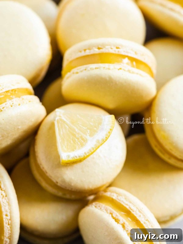 Robin’s Egg Macarons Recipe: How to Make Delicate Blue Pastries 14 Close up of lemon bar macarons randomly placed.