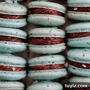 Robin’s Egg Macarons Recipe: How to Make Delicate Blue Pastries 16 Stacked robin's egg macarons with milk chocolate frosting and toasted coconut flakes.