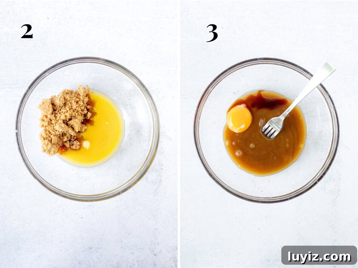 Small-Batch Chocolate Chip Cookies: Quick No-Chill Recipe 5 Bowl of melted butter and brown sugar, and bowl of melted butter and brown sugar whisked together with egg yolk and vanilla added
