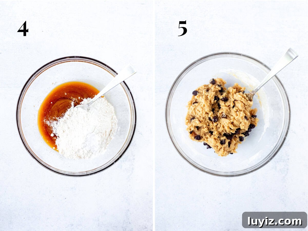 Small-Batch Chocolate Chip Cookies: Quick No-Chill Recipe 6 Bowl of small batch cookie dough with dry ingredients added to the bowl, and bowl of small batch chocolate chip cookie dough
