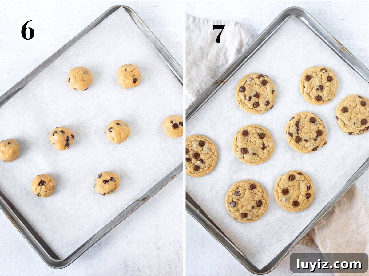 Small-Batch Chocolate Chip Cookies: Quick No-Chill Recipe 7 Tray of cookie dough balls and tray of baked chocolate chi cookies