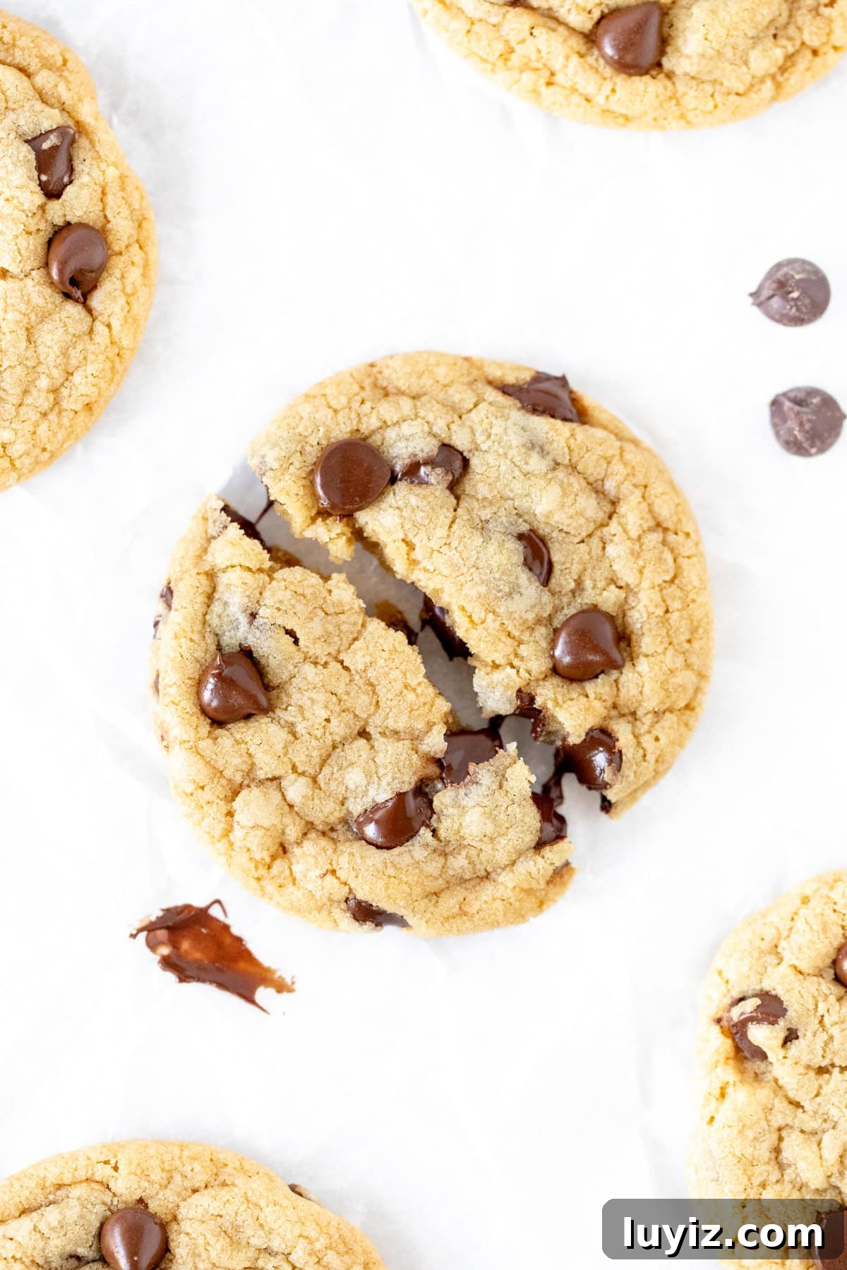 Small-Batch Chocolate Chip Cookies: Quick No-Chill Recipe 8 chocolate chip cookie, made from small batch recipe, broken in half