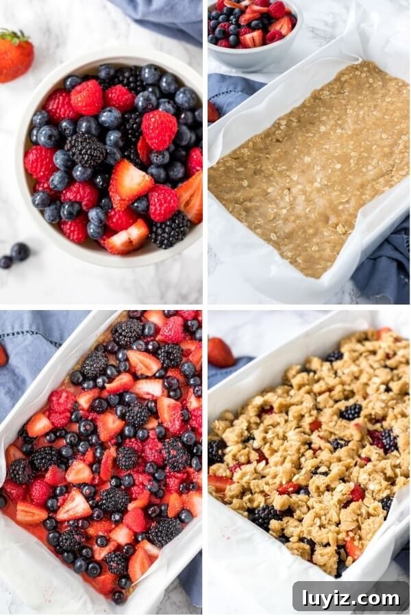 Step by step collage photos of how to make berry crumble bars. 