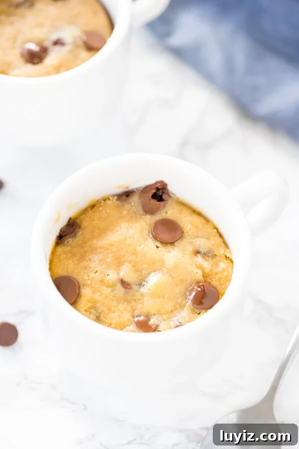 Quick Chocolate Chip Mug Cookie: Ready in Minutes 3 Overhead shot of a chocolate chip cookie made in a mug and baked in the microwave