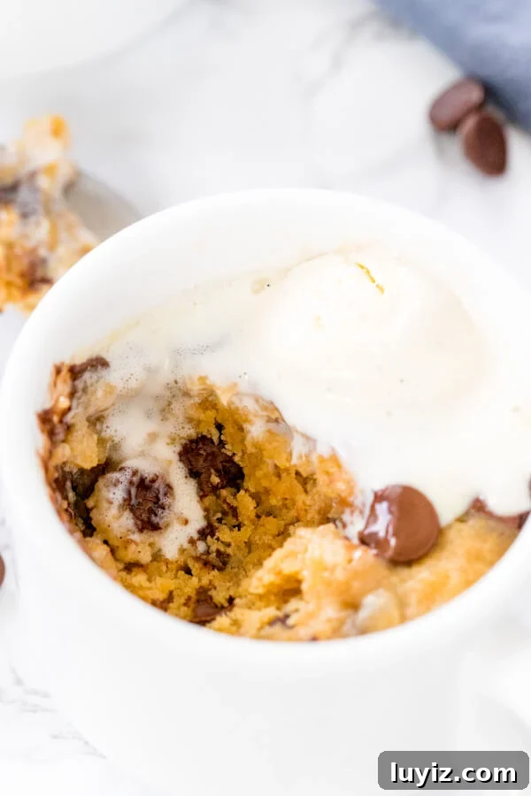Quick Chocolate Chip Mug Cookie: Ready in Minutes 5 Overhead shot of a chocolate chip cookie in a mug with vanilla ice cream and a bite taken out of it.